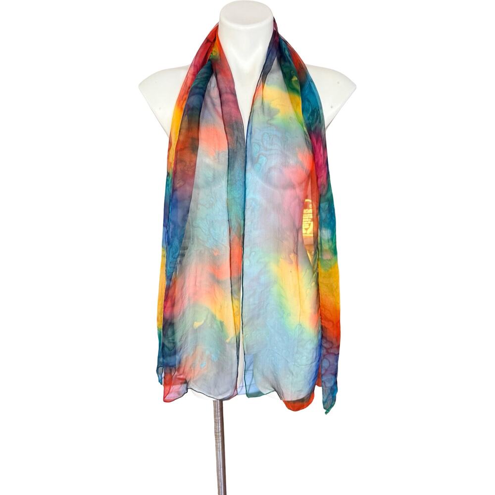 Vintage Hand Painted Silk Chiffon Scarf 1970s Rainbow Watercolor 15x66 - Picture 5 of 8